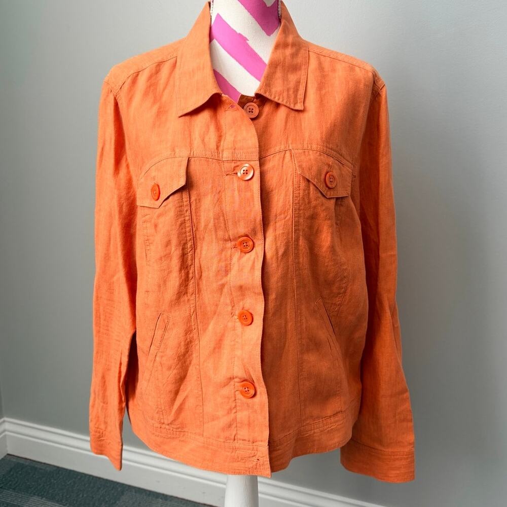 Linden Hill Coral Orange 100% Linen Trucker Lightweight Jacket Women's XL